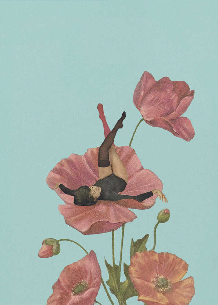 Vintage collage art of a woman in a black leotard relaxing on a large pink poppy against a blue background.