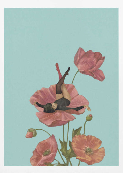 Vintage collage art of a woman in a black leotard relaxing on a large pink poppy against a blue background.