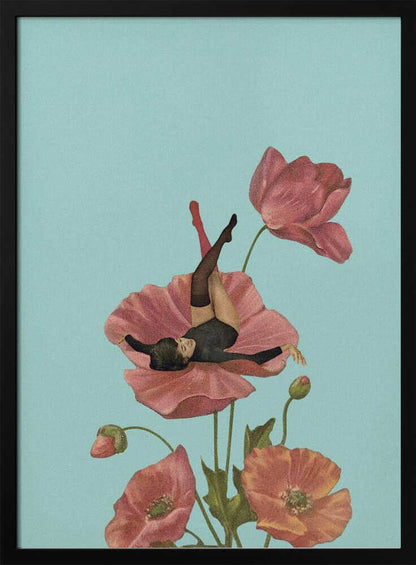 Vintage collage art of a woman in a black leotard relaxing on a large pink poppy against a blue background.