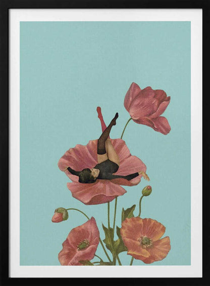 Vintage collage art of a woman in a black leotard relaxing on a large pink poppy against a blue background.