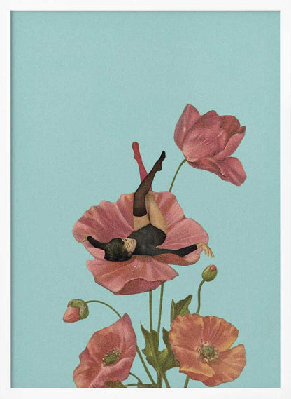 Vintage collage art of a woman in a black leotard relaxing on a large pink poppy against a blue background.