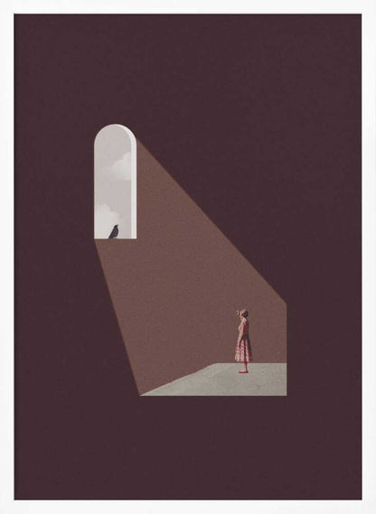Minimalist art of a woman in a dark room, standing in a beam of light from an arched window with a bird.