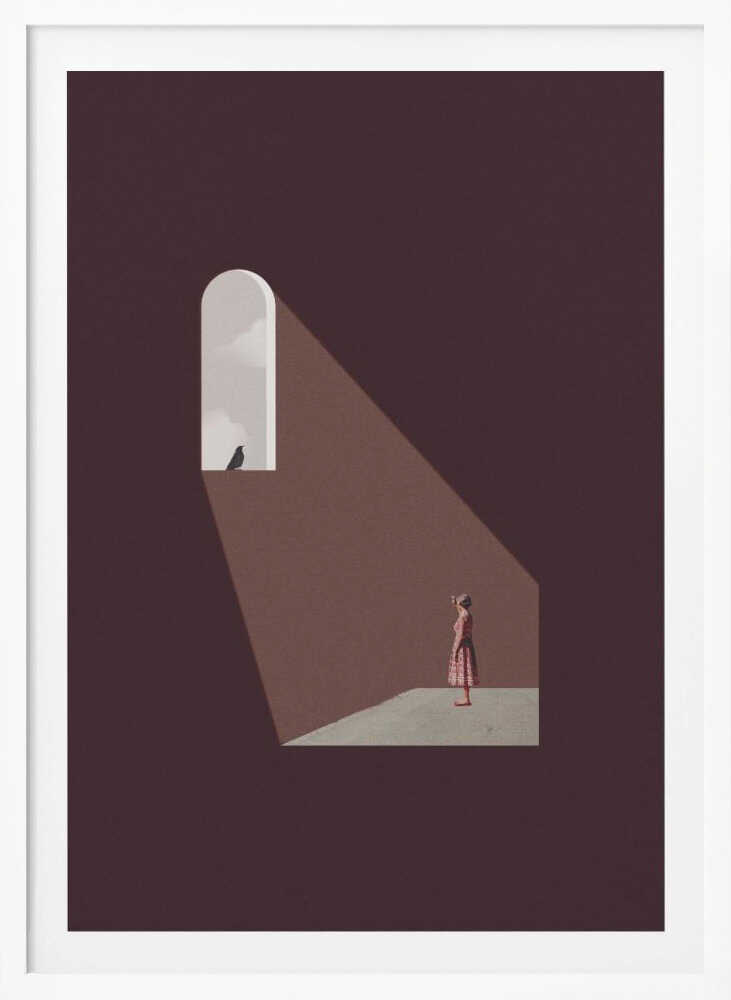 Minimalist art of a woman in a dark room, standing in a beam of light from an arched window with a bird.