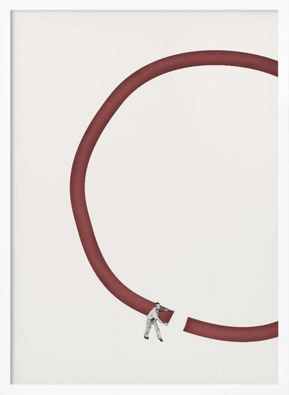 Minimalist collage of a tiny man breaking a large red circle against a cream background.