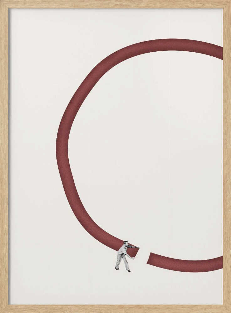 Minimalist collage of a tiny man breaking a large red circle against a cream background.