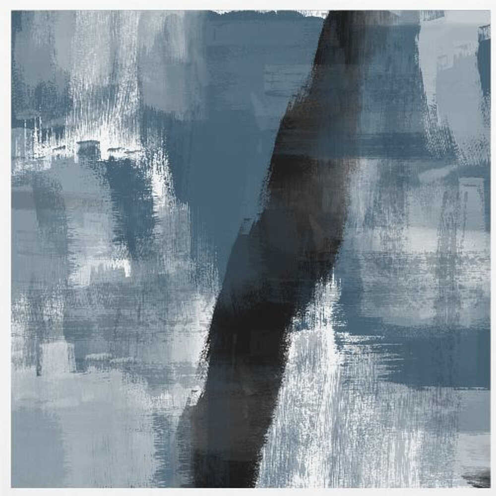 Abstract painting with bold blue, grey, and black brushstrokes in a light wood frame.