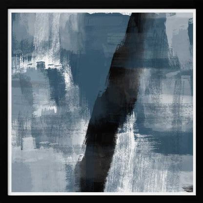 Abstract painting with bold blue, grey, and black brushstrokes in a light wood frame.