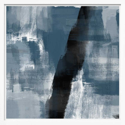 Abstract painting with bold blue, grey, and black brushstrokes in a light wood frame.