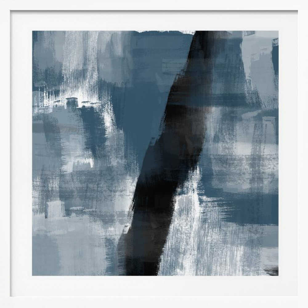 Abstract painting with bold blue, grey, and black brushstrokes in a light wood frame.