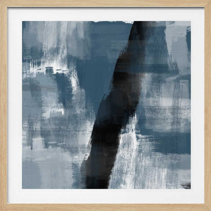 Abstract painting with bold blue, grey, and black brushstrokes in a light wood frame.