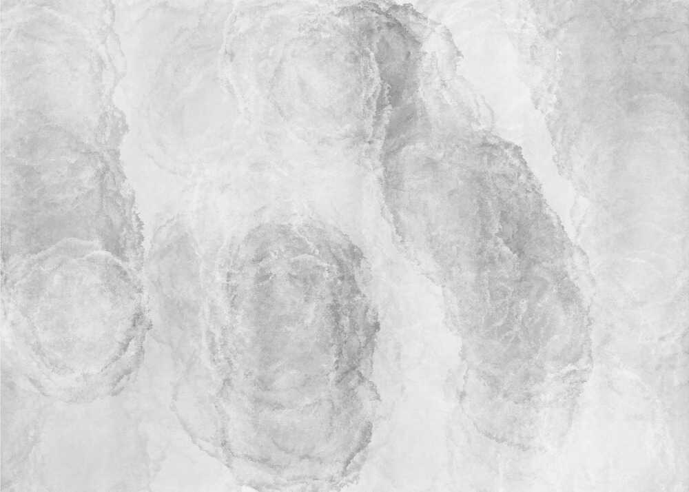 Abstract art with soft, cloud-like shapes in shades of grey and white, set in a silver frame.