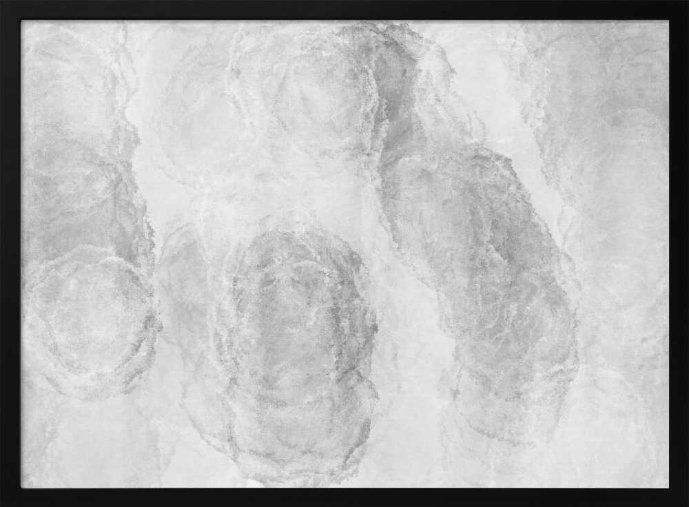 Abstract art with soft, cloud-like shapes in shades of grey and white, set in a silver frame.