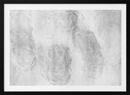 Abstract art with soft, cloud-like shapes in shades of grey and white, set in a silver frame.