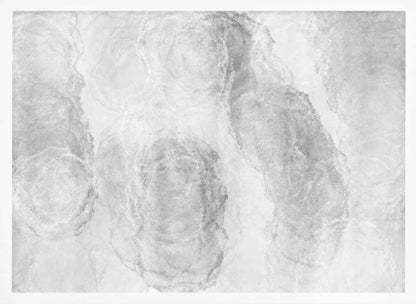 Abstract art with soft, cloud-like shapes in shades of grey and white, set in a silver frame.