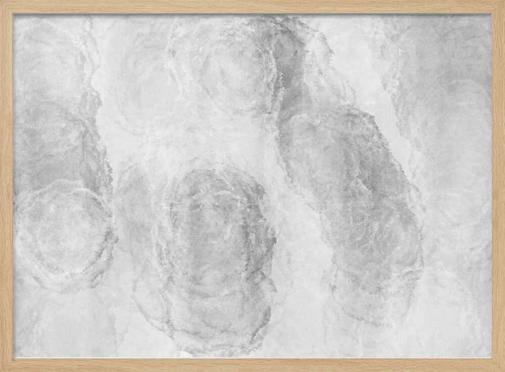 Abstract art with soft, cloud-like shapes in shades of grey and white, set in a silver frame.