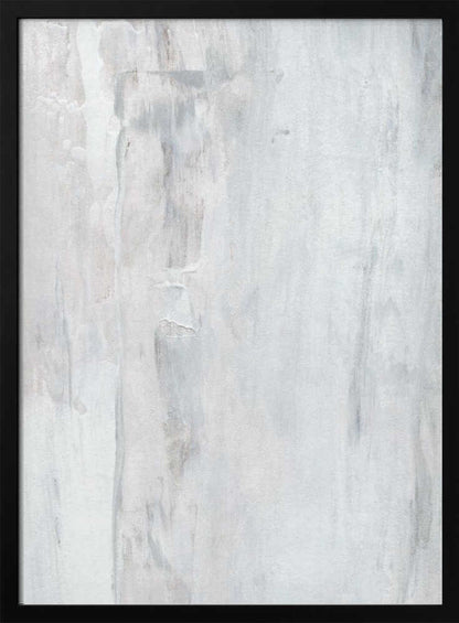 Abstract painting with textured white and grey vertical strokes, creating a distressed, minimalist look.