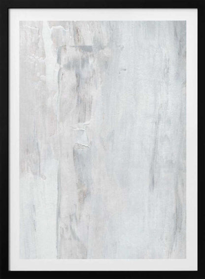 Abstract painting with textured white and grey vertical strokes, creating a distressed, minimalist look.
