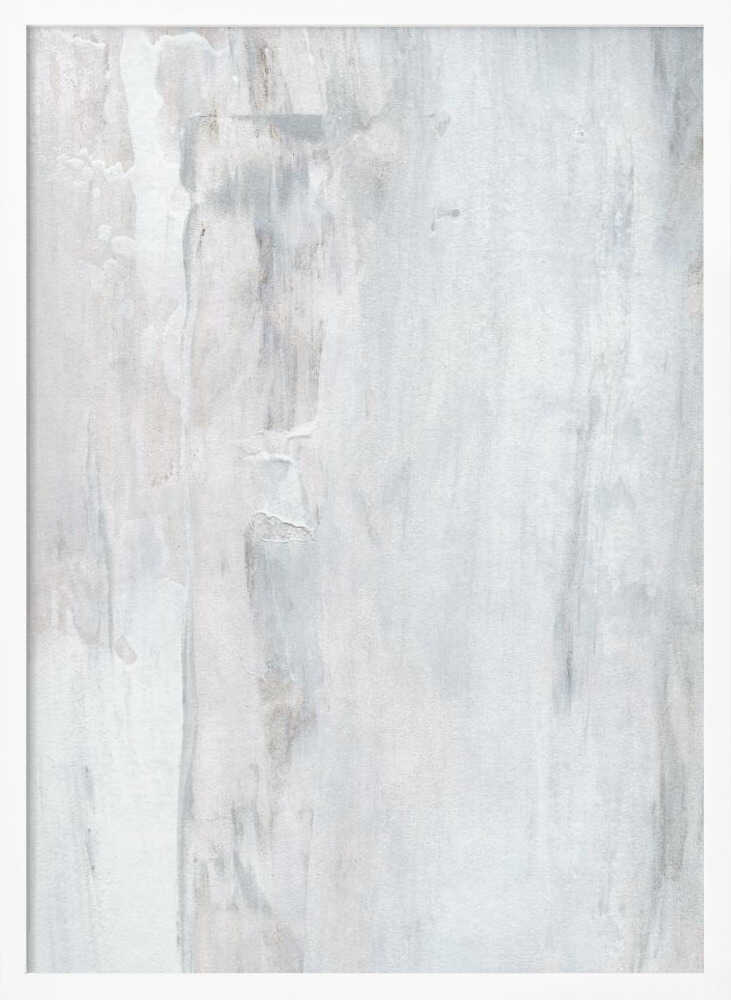 Abstract painting with textured white and grey vertical strokes, creating a distressed, minimalist look.