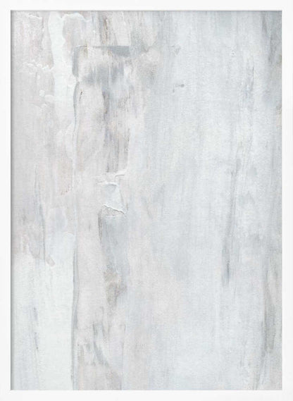 Abstract painting with textured white and grey vertical strokes, creating a distressed, minimalist look.