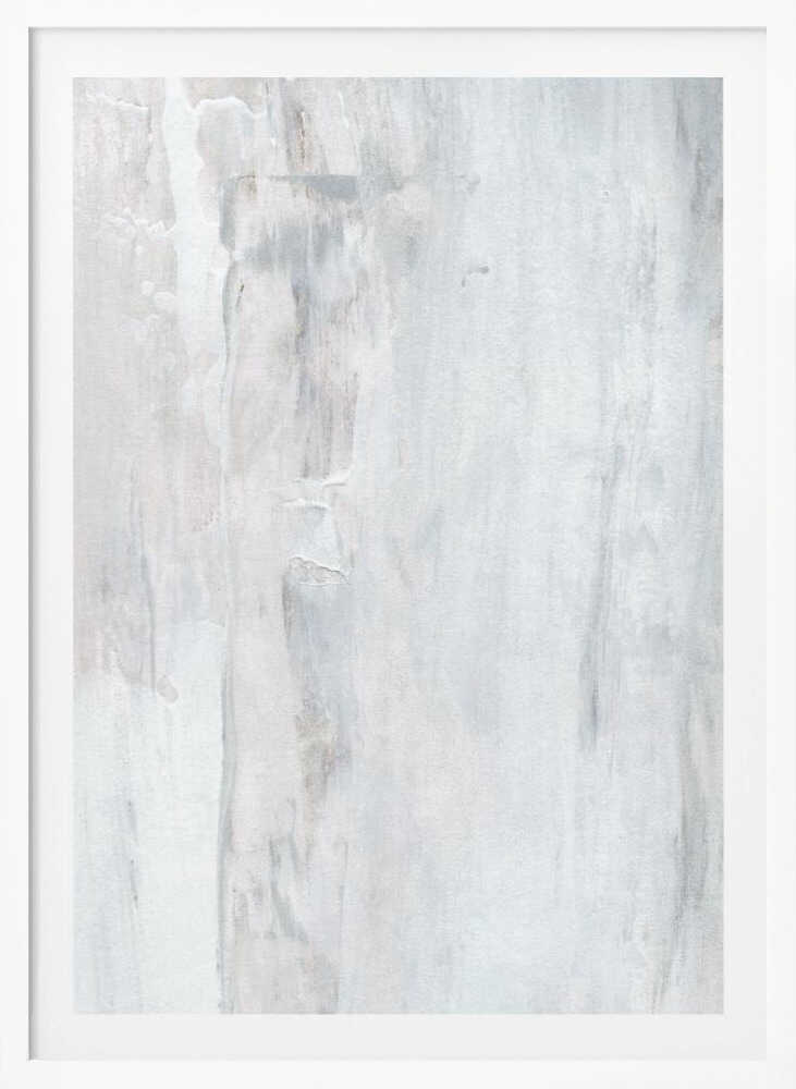 Abstract painting with textured white and grey vertical strokes, creating a distressed, minimalist look.