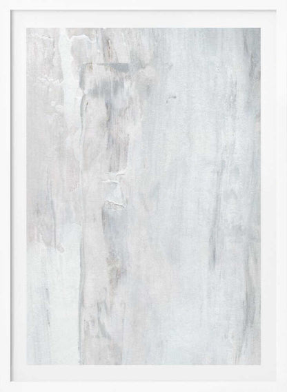 Abstract painting with textured white and grey vertical strokes, creating a distressed, minimalist look.