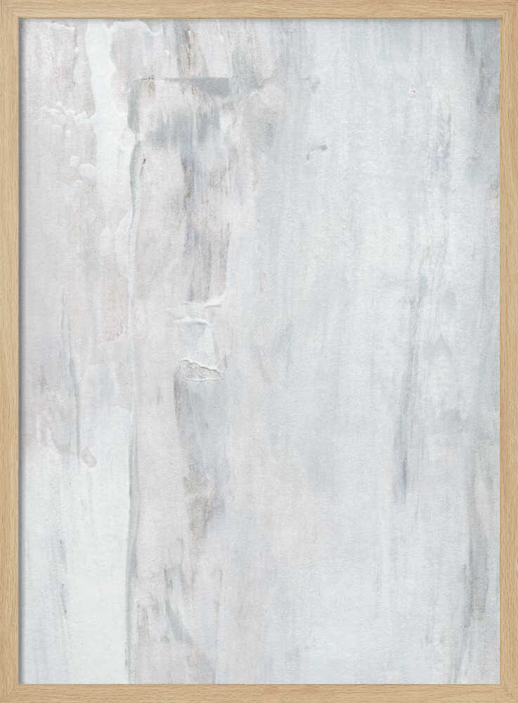 Abstract painting with textured white and grey vertical strokes, creating a distressed, minimalist look.