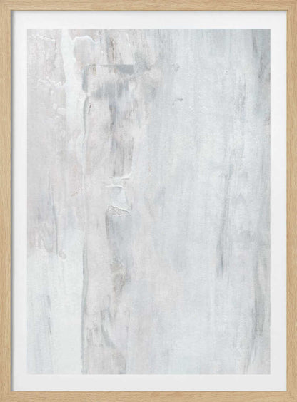 Abstract painting with textured white and grey vertical strokes, creating a distressed, minimalist look.