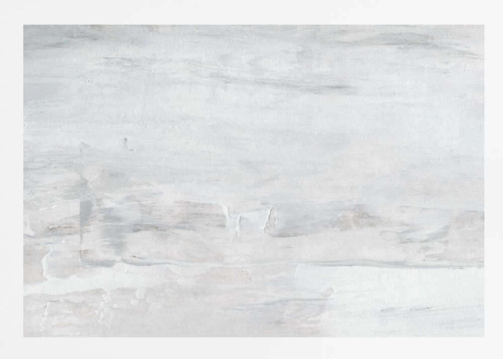 Abstract wall art with textured white and grey brushstrokes in a silver frame.