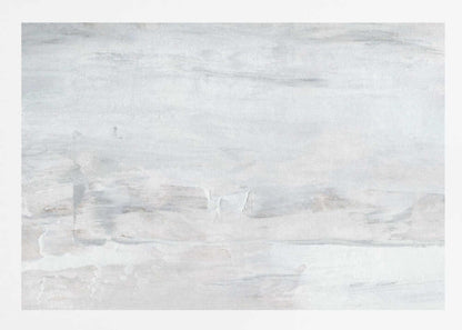 Abstract wall art with textured white and grey brushstrokes in a silver frame.