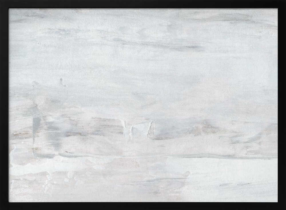 Abstract wall art with textured white and grey brushstrokes in a silver frame.