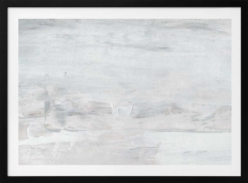 Abstract wall art with textured white and grey brushstrokes in a silver frame.