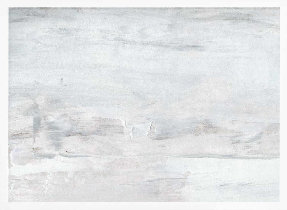 Abstract wall art with textured white and grey brushstrokes in a silver frame.