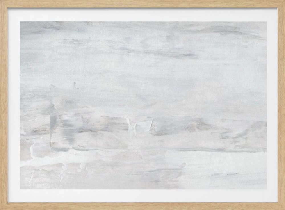 Abstract wall art with textured white and grey brushstrokes in a silver frame.