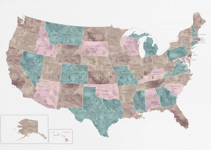 Pink and teal watercolor map of the US - Poster / Art Print