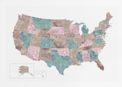 Pink and teal watercolor map of the US - Poster / Art Print