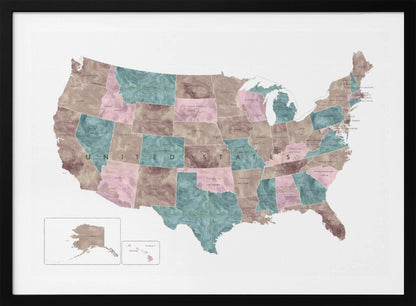 Pink and teal watercolor map of the US - Poster / Art Print