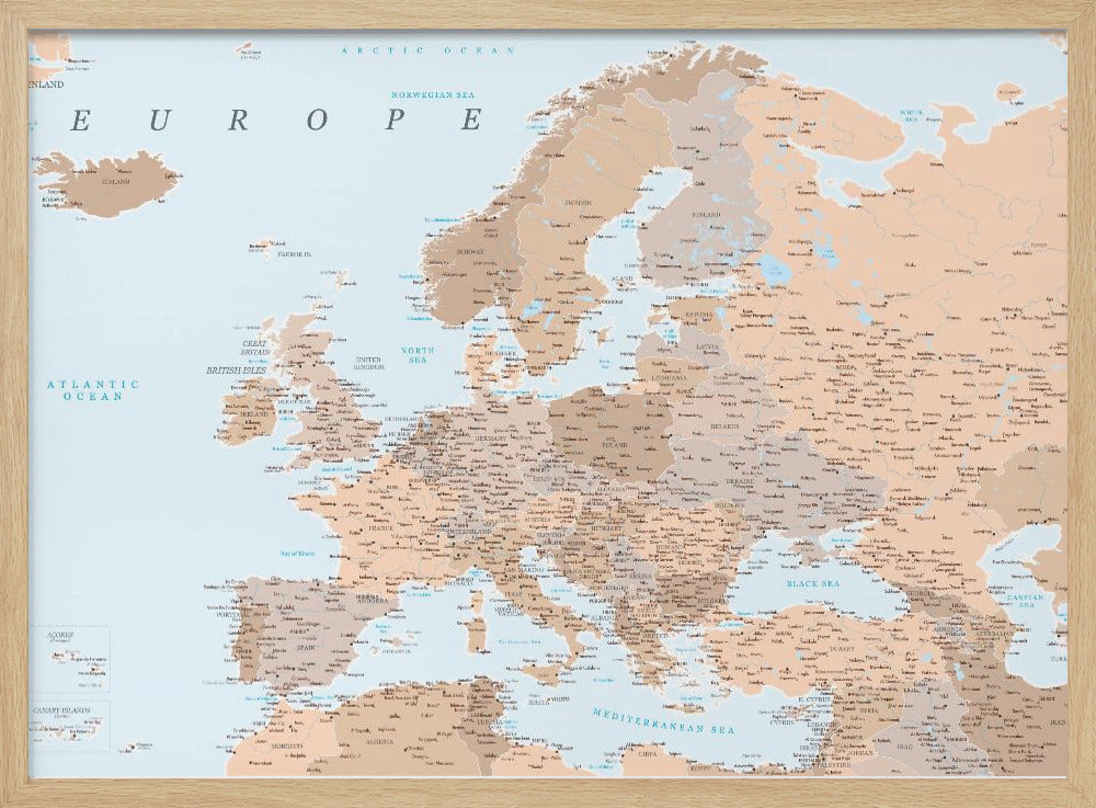 Neutral detaljerad karta av Europa - Poster / Art Print