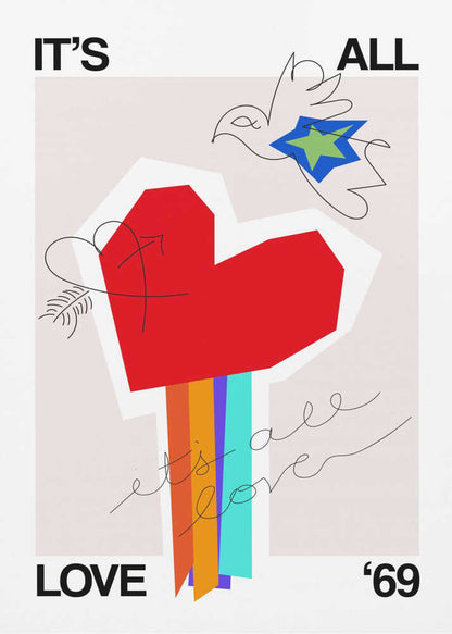 Greige art print with 'It's All Love '69' text and a heart design, ideal as a love poster.