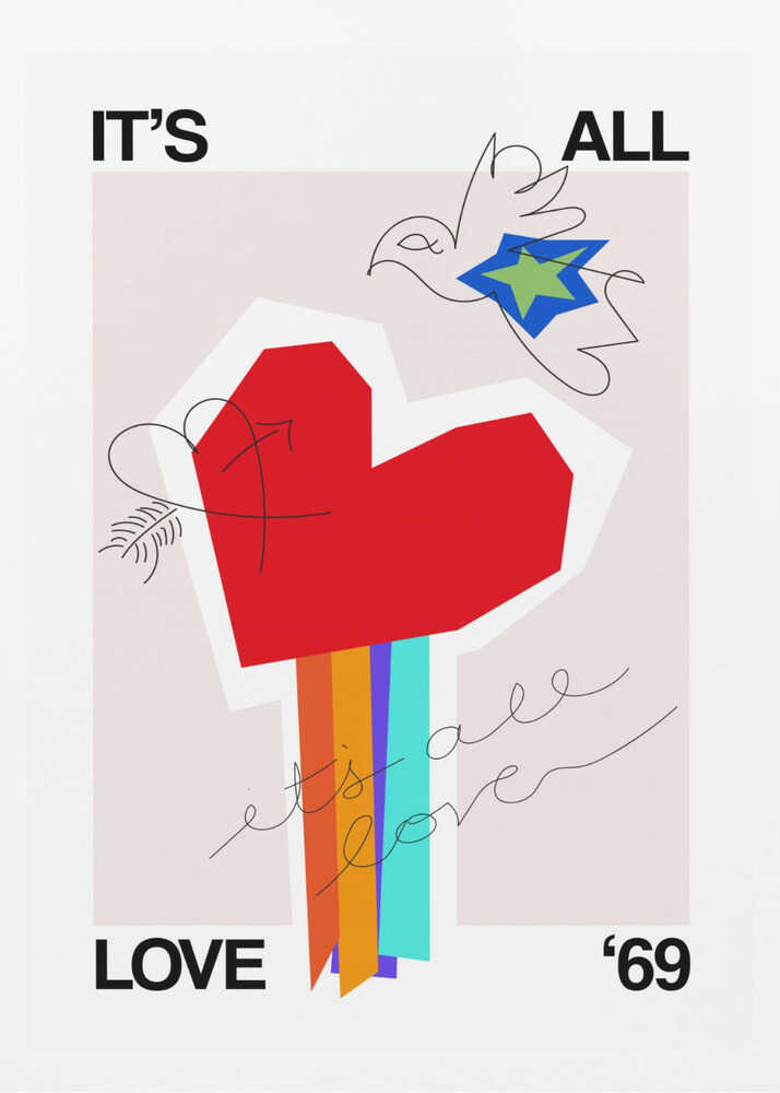 Greige art print with 'It's All Love '69' text and a heart design, ideal as a love poster.