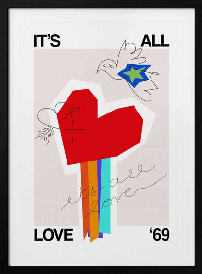 Greige art print with 'It's All Love '69' text and a heart design, ideal as a love poster.