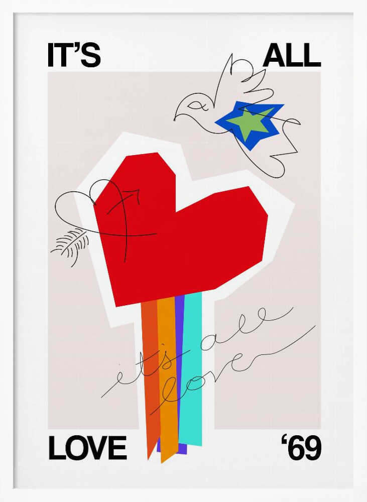 Greige art print with 'It's All Love '69' text and a heart design, ideal as a love poster.