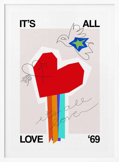 Greige art print with 'It's All Love '69' text and a heart design, ideal as a love poster.