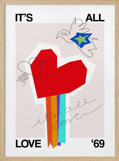 Greige art print with 'It's All Love '69' text and a heart design, ideal as a love poster.