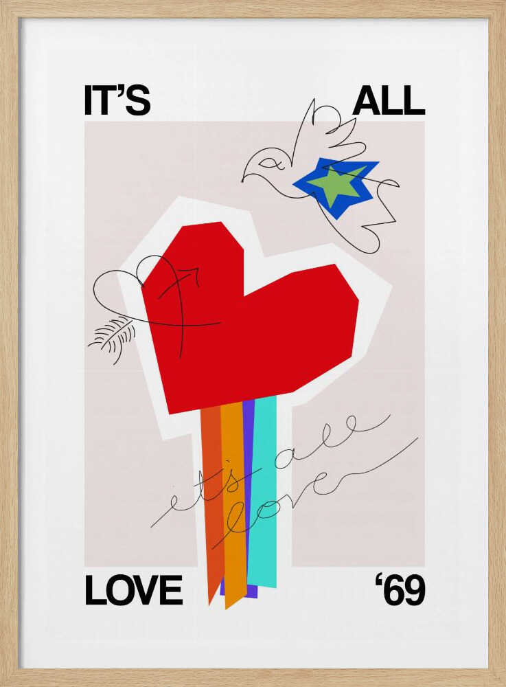 Greige art print with 'It's All Love '69' text and a heart design, ideal as a love poster.