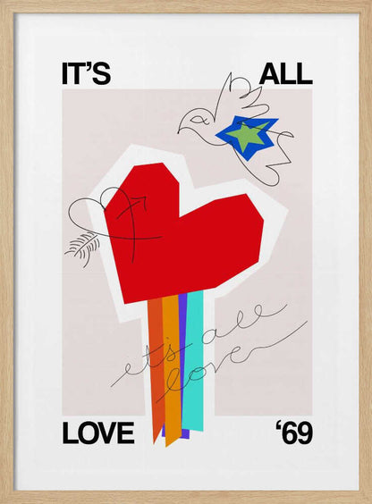 Greige art print with 'It's All Love '69' text and a heart design, ideal as a love poster.