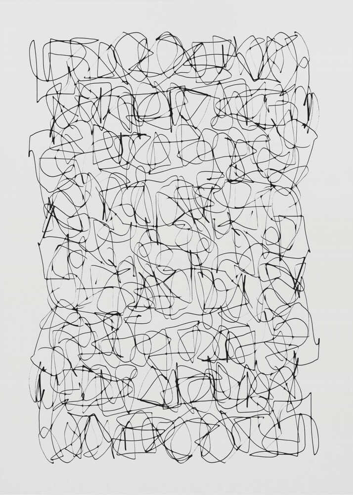 Detailed view of intricate electronic circuitry on a poster, featuring green and blue lines on a dark background.