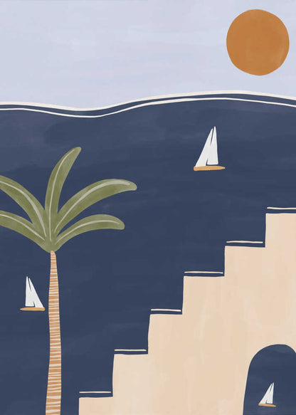 Abstract coastal art with sailboats on a dark blue sea, a palm tree, and beige stairs under a warm sun.