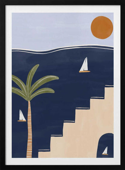 Abstract coastal art with sailboats on a dark blue sea, a palm tree, and beige stairs under a warm sun.