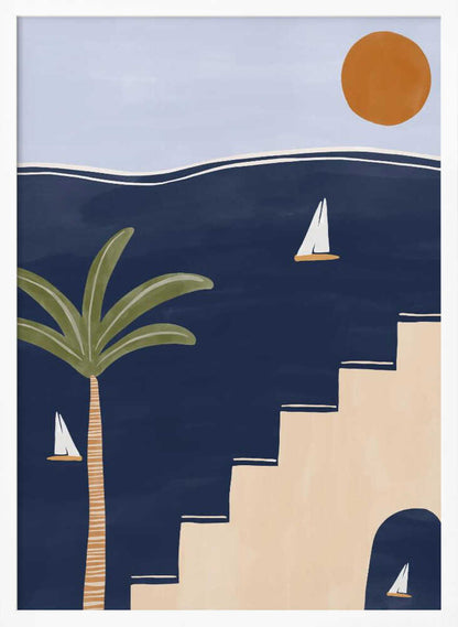 Abstract coastal art with sailboats on a dark blue sea, a palm tree, and beige stairs under a warm sun.