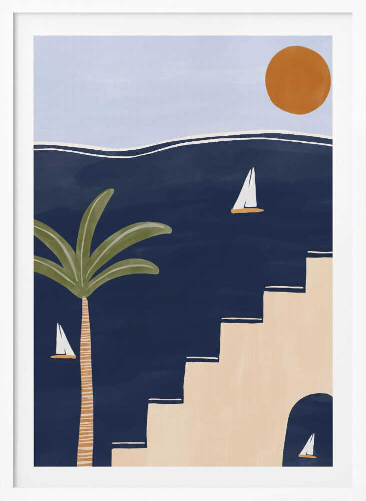 Abstract coastal art with sailboats on a dark blue sea, a palm tree, and beige stairs under a warm sun.